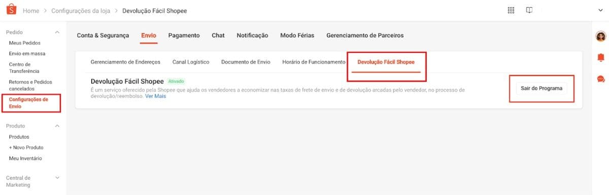 Tela da Central do Vendedor da Shopee mostrando o caminho Configurações de Envio → Envio → Devolução Fácil Shopee e o botão Sair do Programa