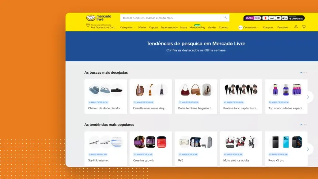 Página de tendências do Mercado Livre mostrando produtos em alta