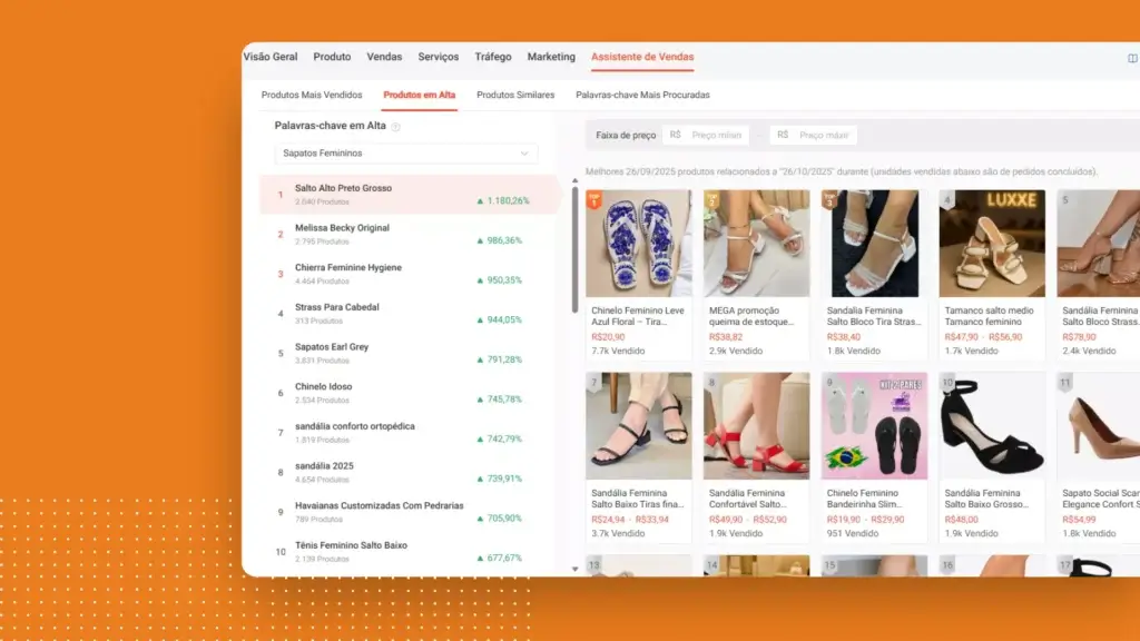 Painel do Assistente de Vendas da Shopee mostrando tendências