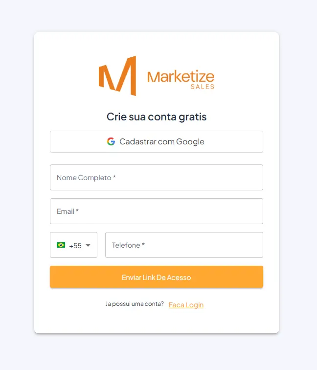 Tela de cadastro do sistema Marketize