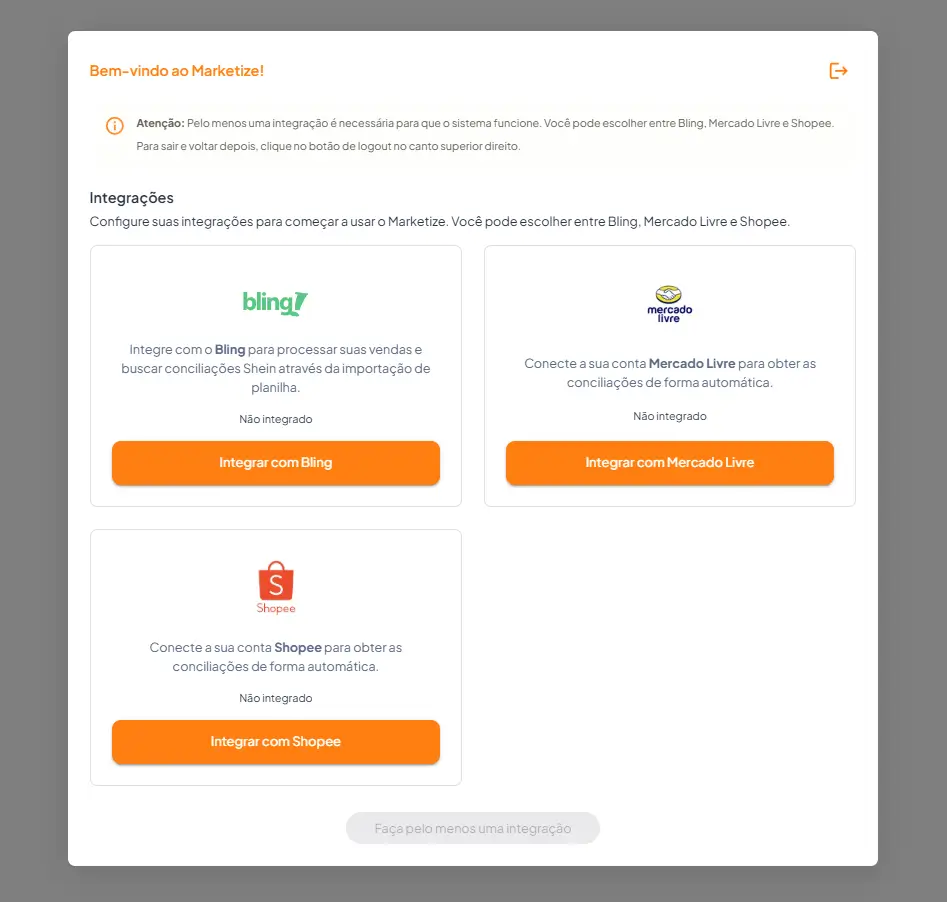 Tela de conexão de lojas no sistema Marketize