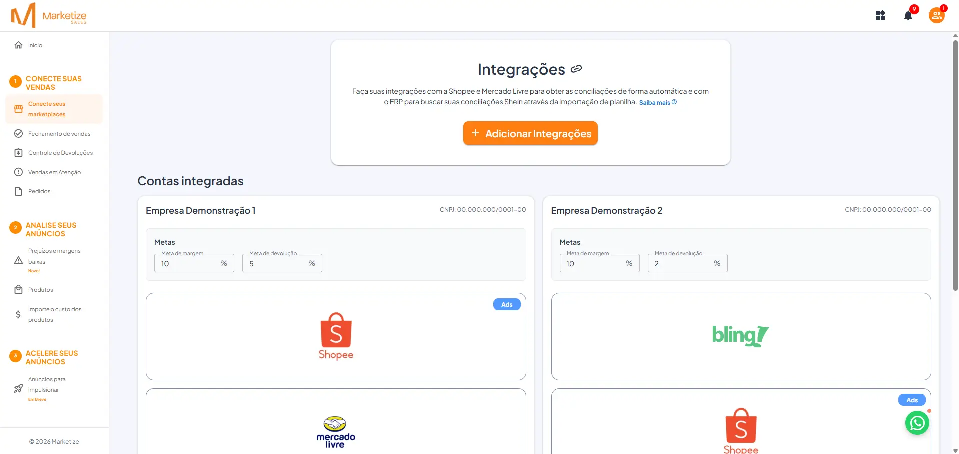 Tela de integrações do sistema Marketize